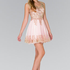 Blush Jeweled V-Neckline Evening Short Dress G2403